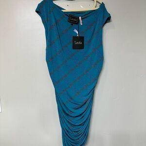Leota Blue Ruched Cowl Neck Sheath Dress